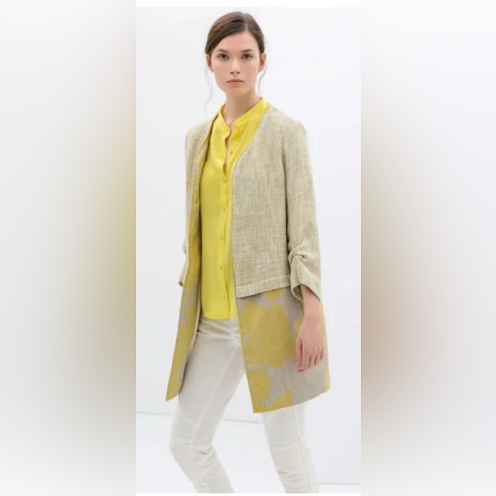 Zara Basic Collarless Gown Coat Front Opening Tweed Switch Size L